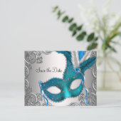 Aquamarin Blue Masquerade Save the Date Ankündigungspostkarte (Stehend Vorderseite)