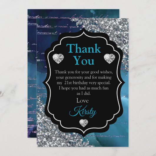 Aquamarin Blue Mermaid Letters Silver Glitzer Viel Dankeskarte (Vorne/Hinten)