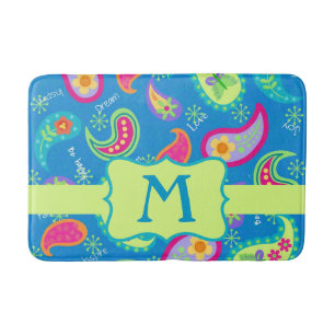 Aquamarin Blue Monogram Modern Paisley Pattern Badematte