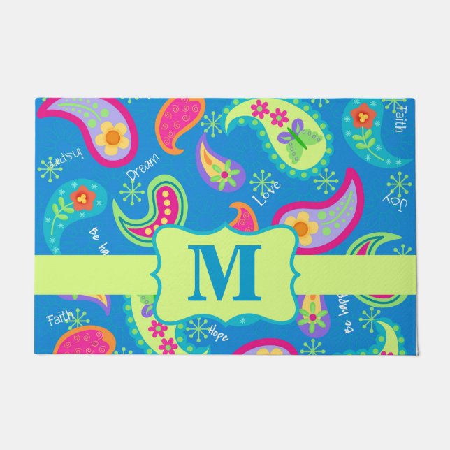 Aquamarin Blue Monogram Modern Paisley Pattern Fußmatte (Vorderseite)