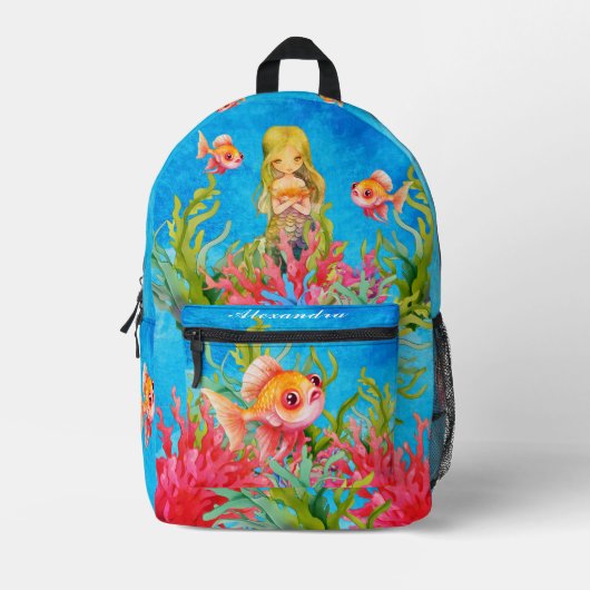 Aquamarin Blue Monogram Name Mermaid Beach Handtuc Bedruckter Rucksack (Vorderseite)