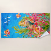 Aquamarin Blue Monogram Name Mermaid Beach Handtuc Strandtuch (Vorderseite)