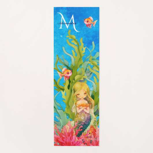 Aquamarin Blue Monogram Name Mermaid Yogamatte (Vorderseite)