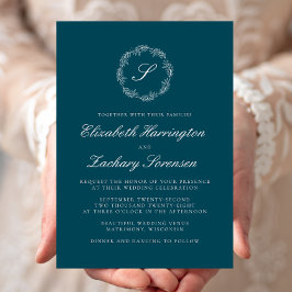 Aquamarin Blue Monogram Wreath White Script Weddin Einladung
