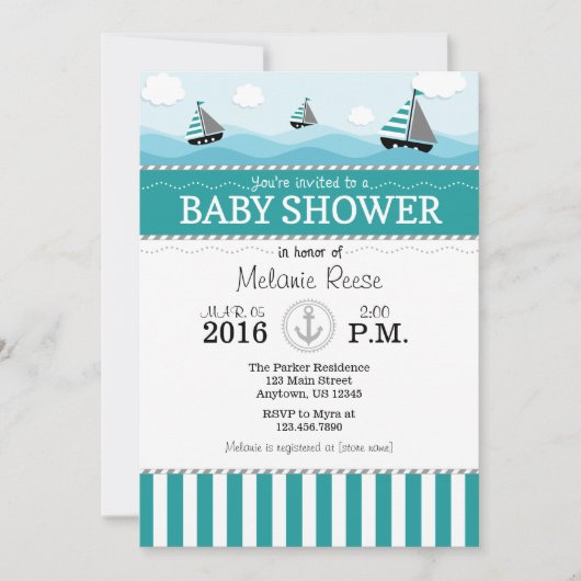 Aquamarin Blue Nautical Baby Shower Einladung (Vorderseite)