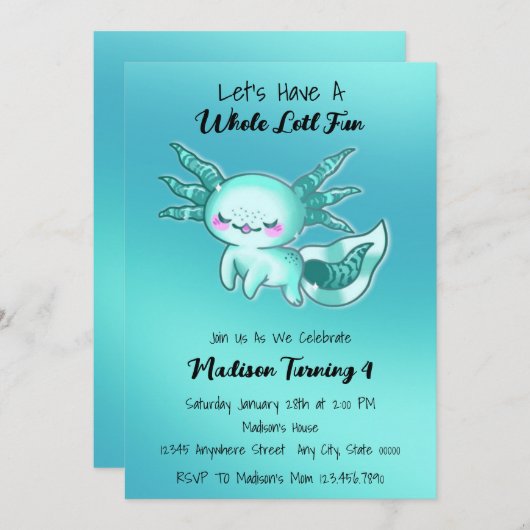 Aquamarin Blue Niedlich Watercolor Axolotl Geburts Einladung (Vorne/Hinten)