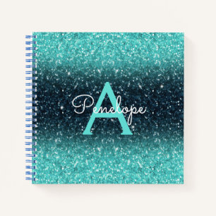 Aquamarin Blue Ombre Glitzer und Monogram Sketchbo Notizblock