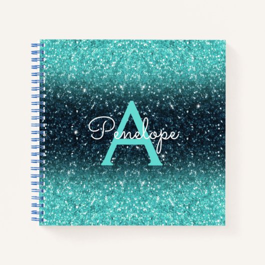 Aquamarin Blue Ombre Glitzer und Monogram Sketchbo Notizblock (Vorderseite)