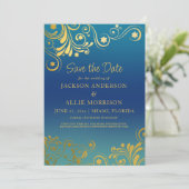 Aquamarin Blue Ombre' Gold Blüh Foto Wedding Save The Date (Stehend Vorderseite)
