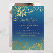 Aquamarin Blue Ombre' Gold Blüh Foto Wedding Save The Date (Vorne/Hinten)