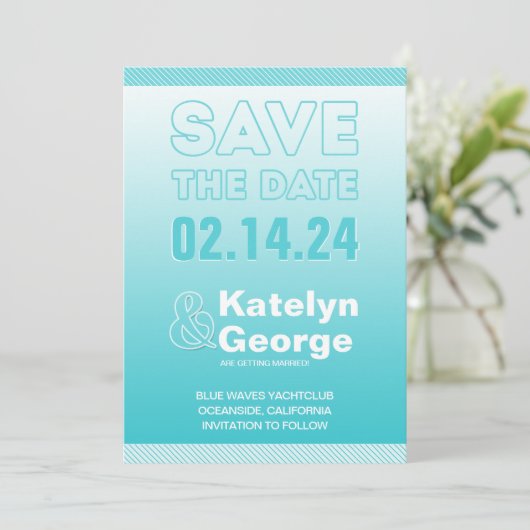 Aquamarin Blue Ombre Save the Date Card Einladung (Stehend Vorderseite)