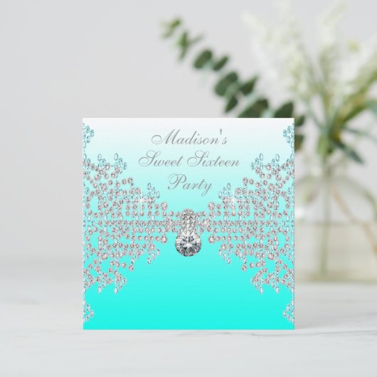 Aquamarin Blue Ombre Sweet 16 Party Einladung (Stehend Vorderseite)