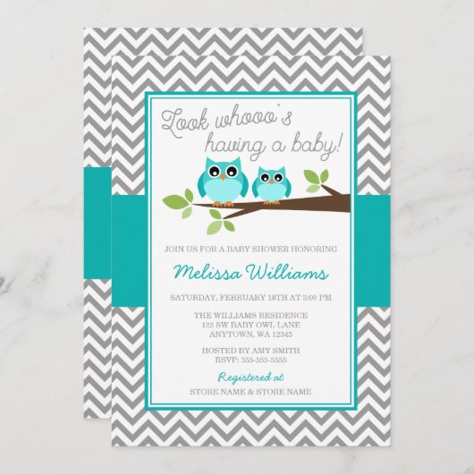 Aquamarin Blue Owl Grau Zickzack Boy Baby Dusche Einladung (Vorne/Hinten)