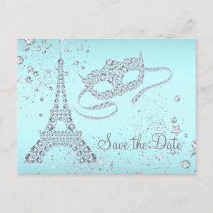 Aquamarin Blue Paris Masquerade Party Save the Dat Ankündigungspostkarte