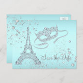 Aquamarin Blue Paris Masquerade Party Save the Dat Ankündigungspostkarte (Vorne/Hinten)