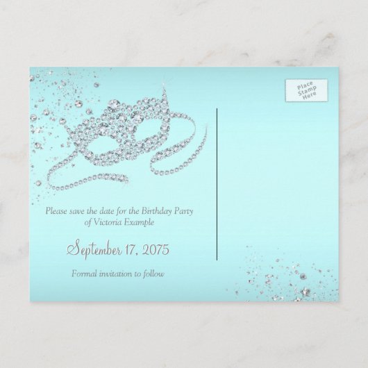 Aquamarin Blue Paris Masquerade Party Save the Dat Ankündigungspostkarte (Rückseite)