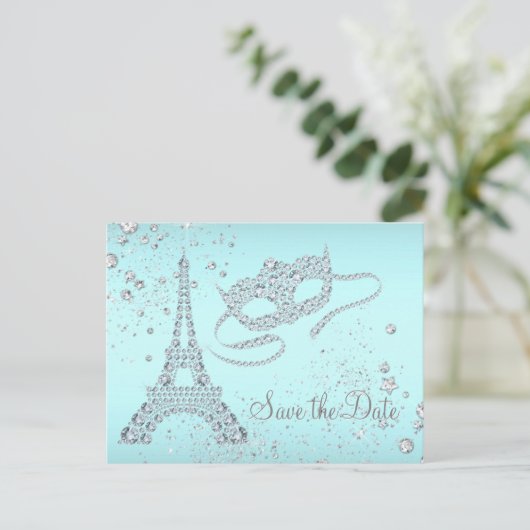 Aquamarin Blue Paris Masquerade Party Save the Dat Ankündigungspostkarte (Stehend Vorderseite)