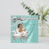 Aquamarin Blue Pearl Chair Ethnic Girl Baby Dusche Einladung (Stehend Vorderseite)