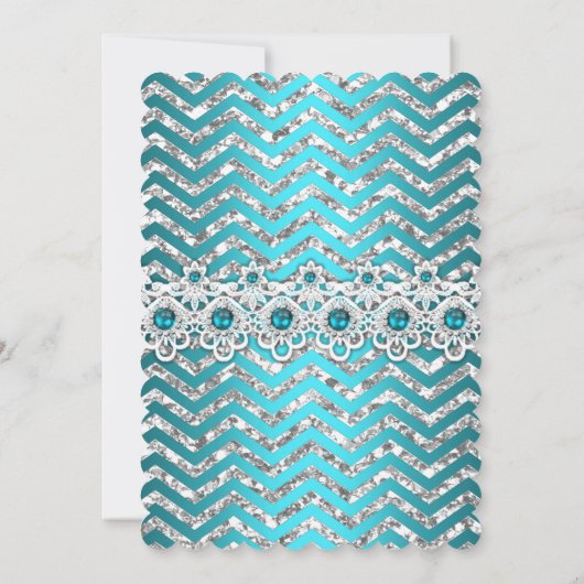 Aquamarin Blue Pearl Zickzack Silver Birthday Part Einladung (Rückseite)
