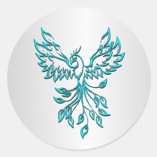 Aquamarin Blue Phoenix auf Silver Runder Aufkleber (Vorderseite)