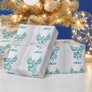 Aquamarin Blue Phoenix mit Name auf Silver Persona Geschenkpapier