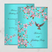 Aquamarin Blue Pink Cherry Blossom Geburtstagspart Einladung (Vorne/Hinten)