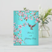 Aquamarin Blue Pink Cherry Blossom Geburtstagspart Einladung (Stehend Vorderseite)