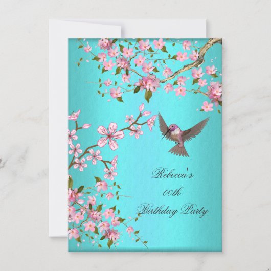 Aquamarin Blue Pink Cherry Blossom Geburtstagspart Einladung (Vorderseite)