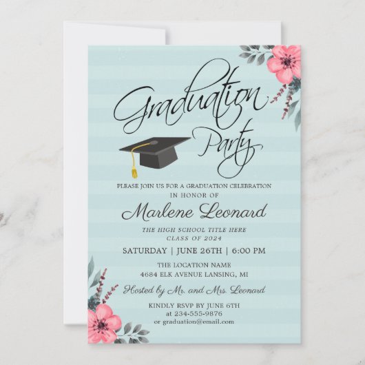 Aquamarin Blue Pink Floral Gold Script Foto Abschl Einladung (Vorderseite)