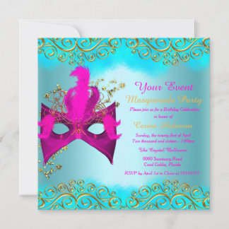 Aquamarin Blue Pink Gold Masquera Geburtstagsparty Einladung