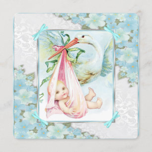 Aquamarin-Blue-Pink-Stork-Babydusche Einladung