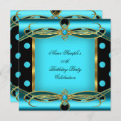 Aquamarin Blue Polka Dots Gold Black Birthday Part Einladung (Vorne/Hinten)