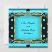 Aquamarin Blue Polka Dots Gold Black Birthday Part Einladung (Vorderseite)