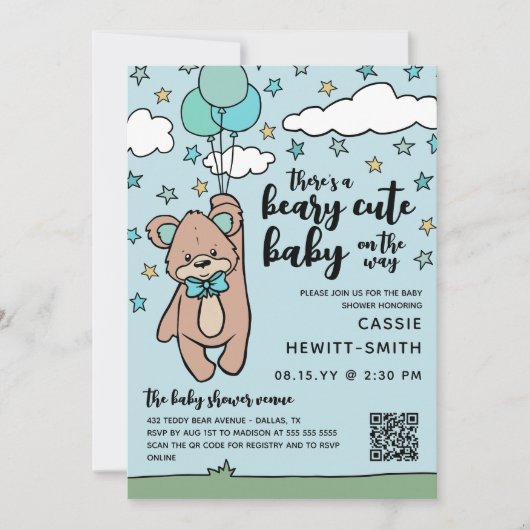Aquamarin Blue QR Code Beary Niedlich Boy Baby Sho Einladung (Vorderseite)