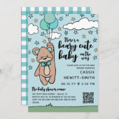 Aquamarin Blue QR Code Beary Niedlich Boy Baby Sho Einladung (Vorne/Hinten)