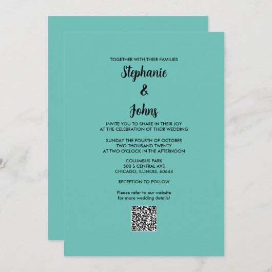 Aquamarin Blue QR Code Schwarzes Script Einfache H Einladung (Vorne/Hinten)
