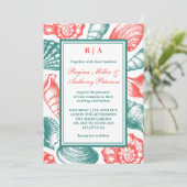 Aquamarin Blue Red Seashells Beach Einladung zur H (Stehend Vorderseite)