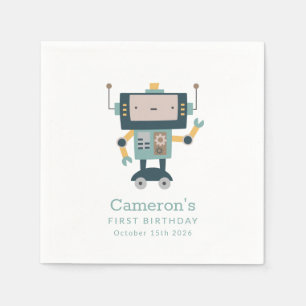 Aquamarin Blue Robot Gears Einfach 1. Geburtstag Serviette