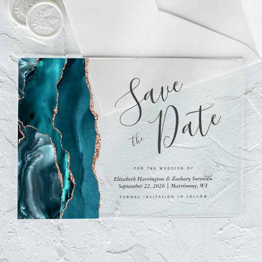 Aquamarin Blue Rose Gold Agate Save the Date Card Acryleinladungen