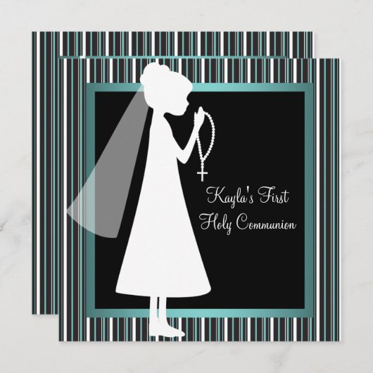 Aquamarin Blue Schwarz-weiß Rosary Girls erste Kom Einladung (Vorne/Hinten)