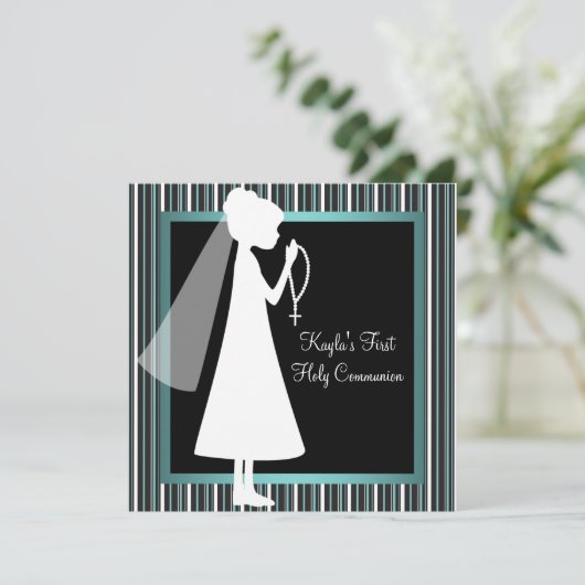 Aquamarin Blue Schwarz-weiß Rosary Girls erste Kom Einladung (Stehend Vorderseite)