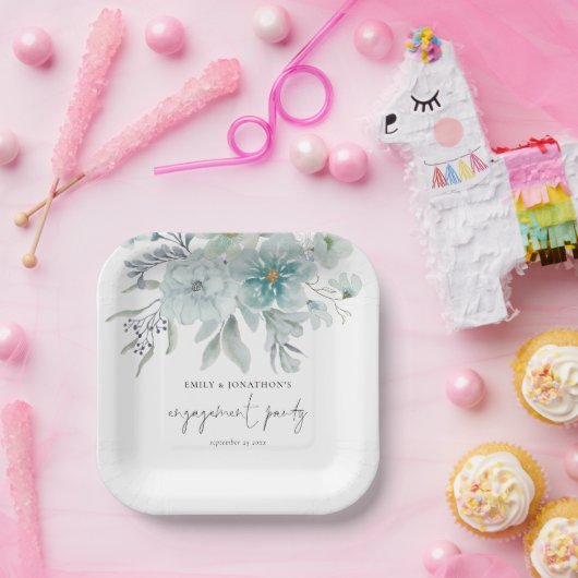 Aquamarin Blue Sea Mist Florals Script-Engagement  Pappteller (Party)