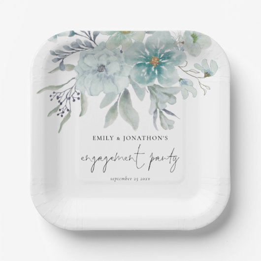 Aquamarin Blue Sea Mist Florals Script-Engagement  Pappteller (Vorderseite)