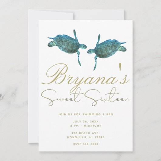 Aquamarin Blue Sea Turtles Beach Gold Sweet 16 Par Einladung (Vorderseite)