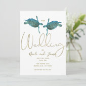 Aquamarin Blue Sea Turtles Elegante Gold Beach Hoc Einladung (Stehend Vorderseite)