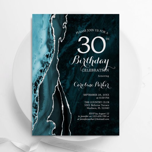 Aquamarin Blue Silver Agate 30. Geburtstag Einladung