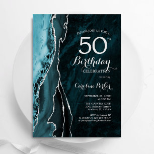 Aquamarin Blue Silver Agate 50. Geburtstag Einladung