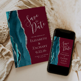Aquamarin Blue Silver Agate Burgundy Save the Date