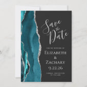 Aquamarin Blue Silver Agate Dark Save the Date Car (Vorderseite)