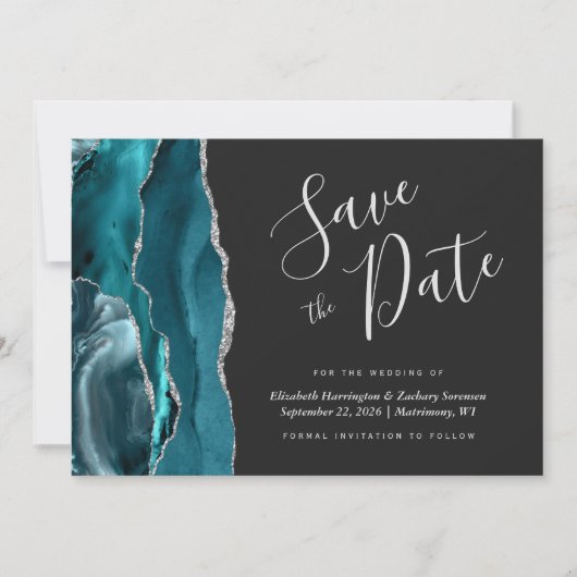 Aquamarin Blue Silver Agate Dark Save the Date Car Einladung (Vorderseite)